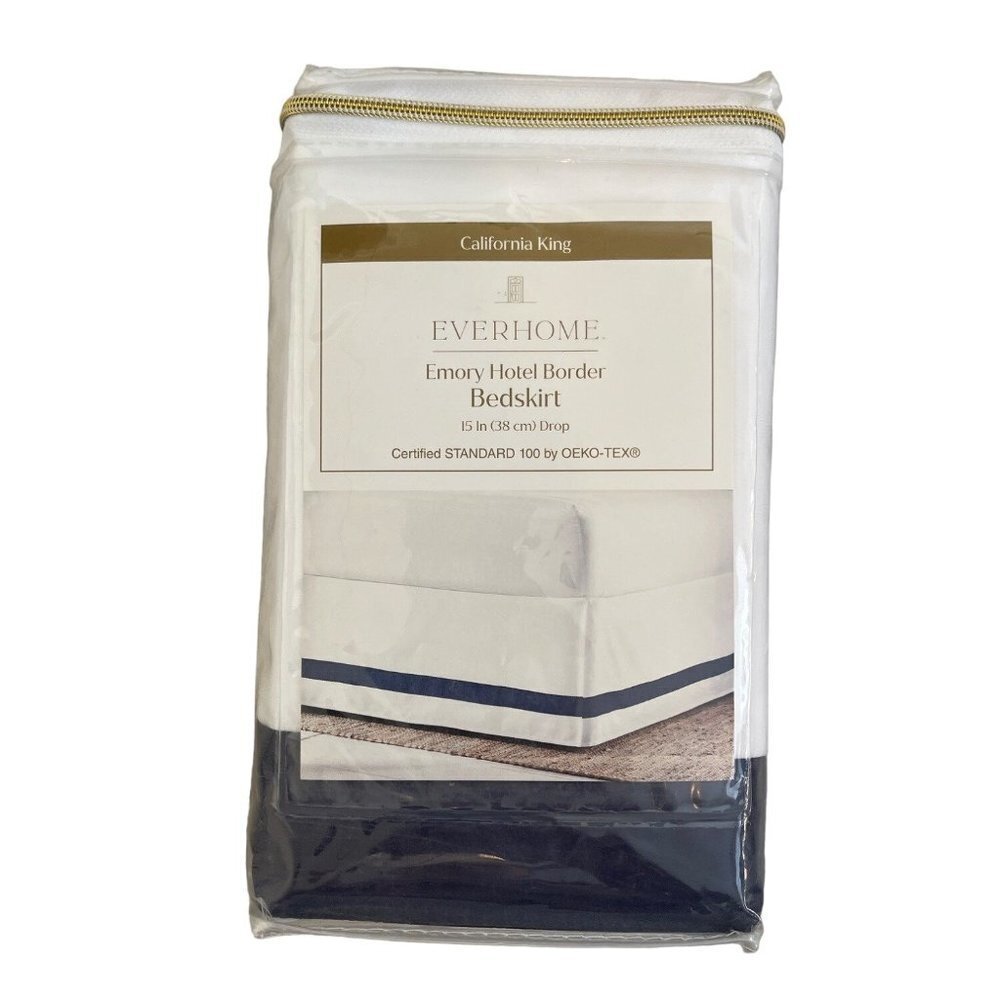 NEW Everhome Bedskirt Emory Hotel Border California King White Navy Tailored 15"